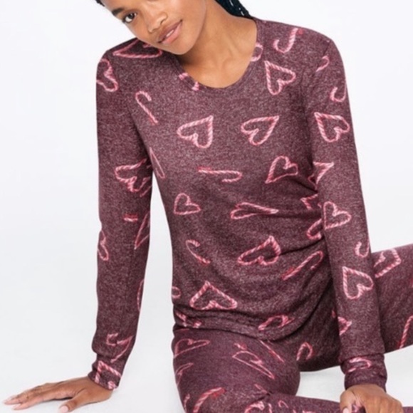 PINK Victoria's Secret Tops - VS Pink Candy Cane Heart Cozy Burgundy Long Sleeve